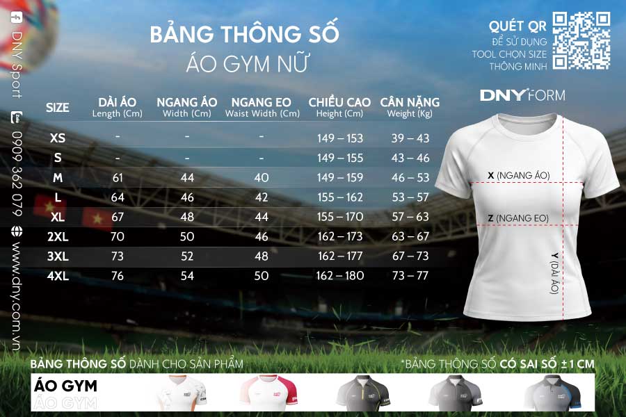 Bảng thông số áo gym nữ