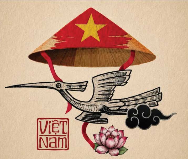 Hình minh họa văn hóa Việt Nam với nón lá cờ đỏ sao vàng, chim Lạc và hoa sen