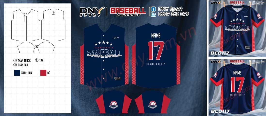 Mẫu áo bóng chày xanh navy phối đỏ, mặt trước và sau có tên số