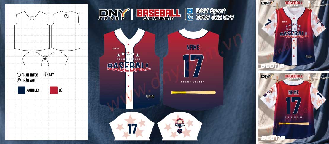 Mẫu áo bóng chày chuyển màu đỏ burgundy sang xanh navy, tay trắng họa tiết sao