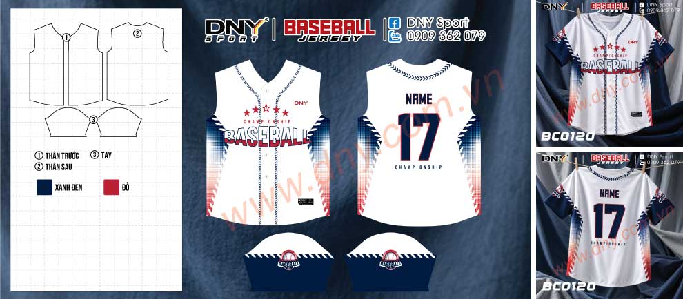 Mẫu áo bóng chày nền trắng phối xanh navy, họa tiết đường chỉ bóng chày và tên số
