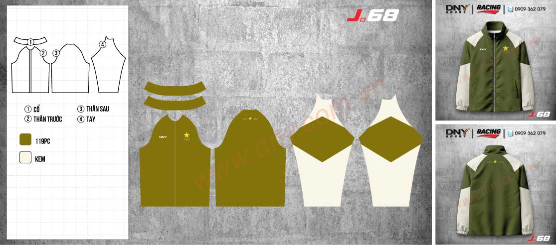 Áo khoác gió màu xanh rêu olive phối vai màu trắng kem in logo sao vàng Vietnam