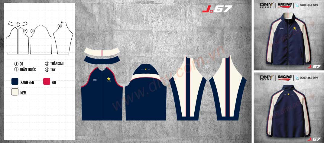 Mẫu áo khoác thể thao màu xanh navy phối ống tay màu trắng kem có viền đỏ