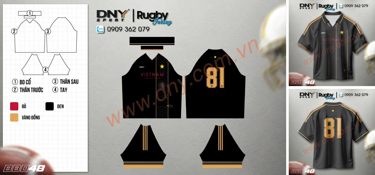 Áo rugby cộc tay màu đen viền sọc vàng cổ bẻ in chữ Vietnam