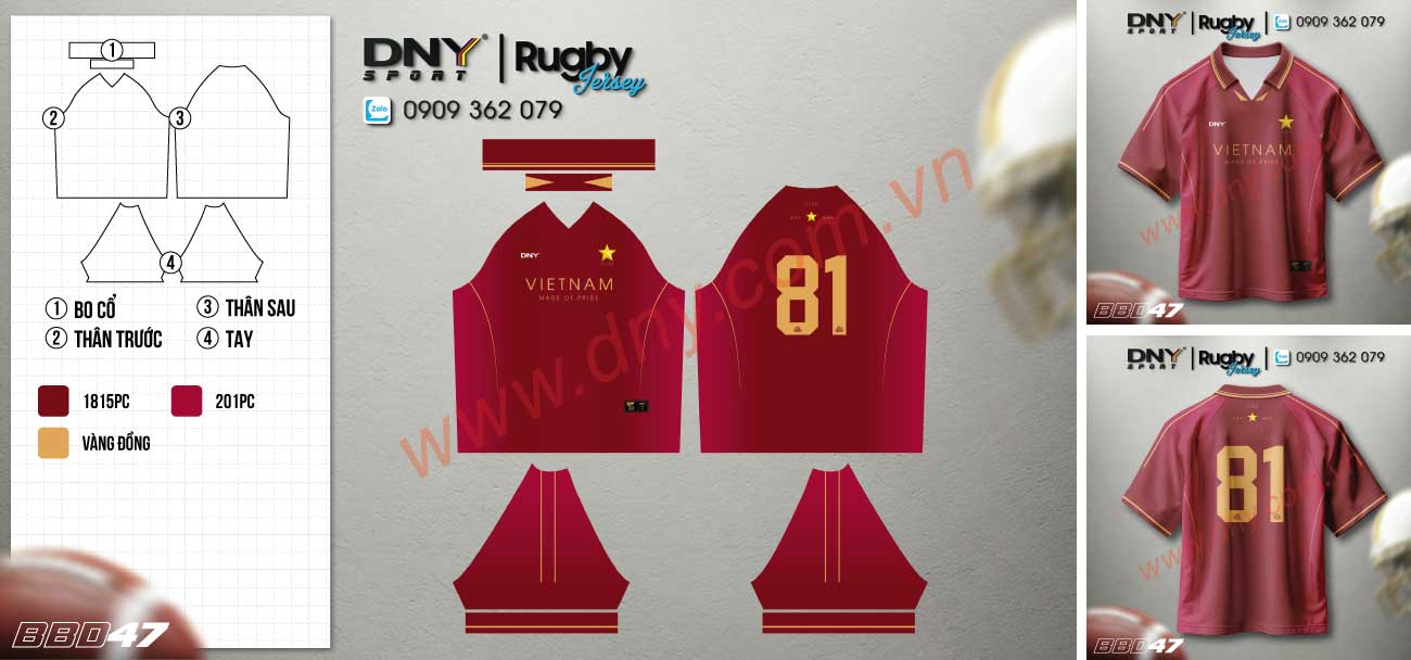 Áo bóng bầu dục DNY Việt Nam đỏ đô viền vàng Áo bóng bầu dục màu đỏ đô có cổ bẻ phối sọc vàng ở tay áo và số 81 sau lưng