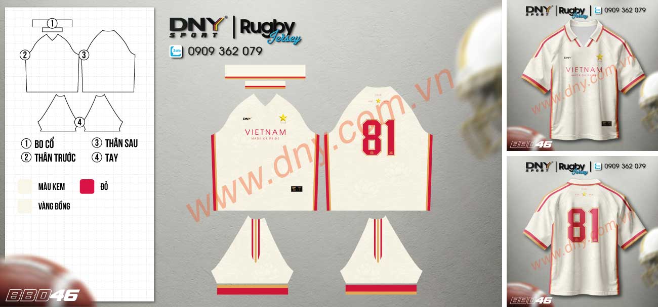 Áo bóng bầu dục DNY Việt Nam trắng kem phong cách retro Áo thun bóng bầu dục màu trắng kem cổ bẻ viền đỏ vàng in chữ Vietnam