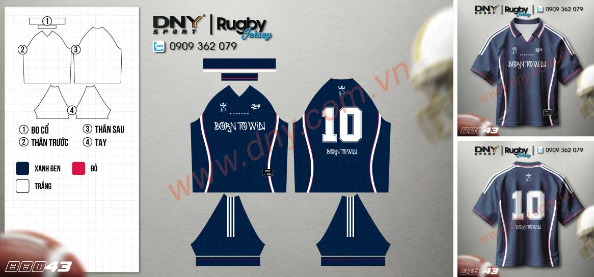 Áo bóng bầu dục màu xanh navy phối dải viền trắng đỏ ở hông và tay áo