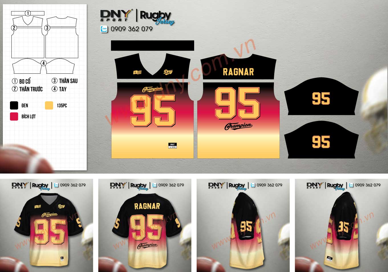 Áo bóng bầu dục đen ombre số 95