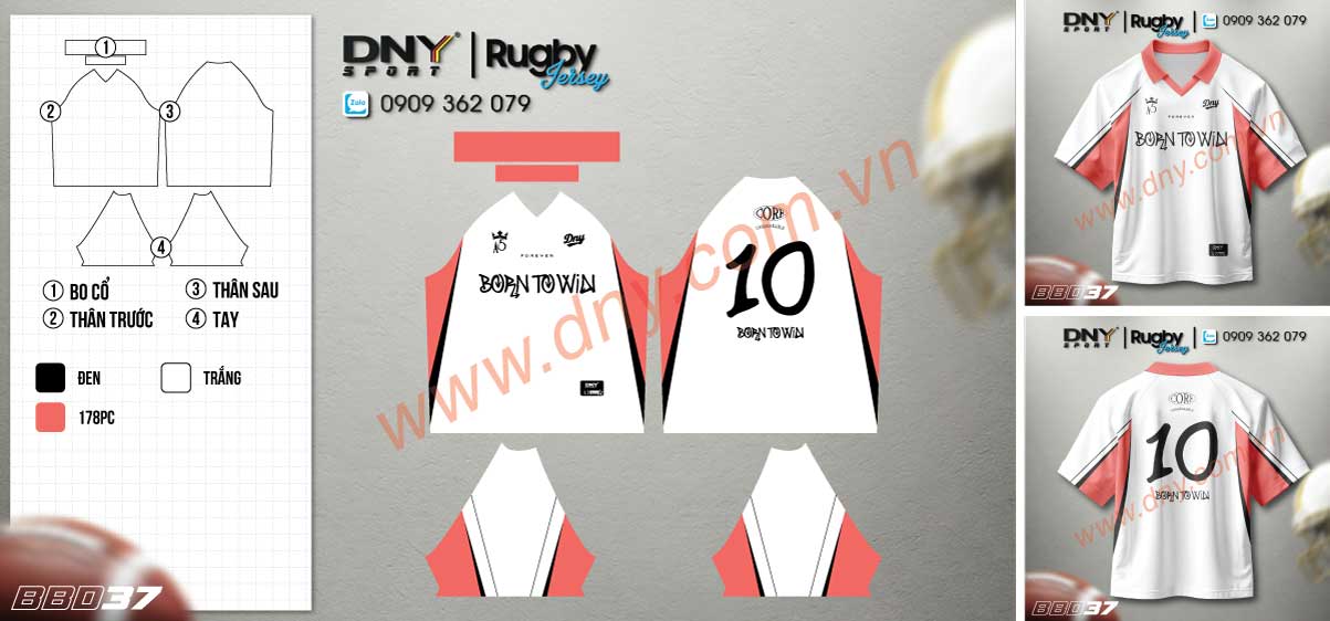 Áo rugby trắng phối đỏ