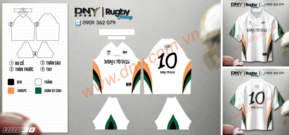 Áo bóng bầu dục trắng xanh cam Áo rugby phối màu năng động