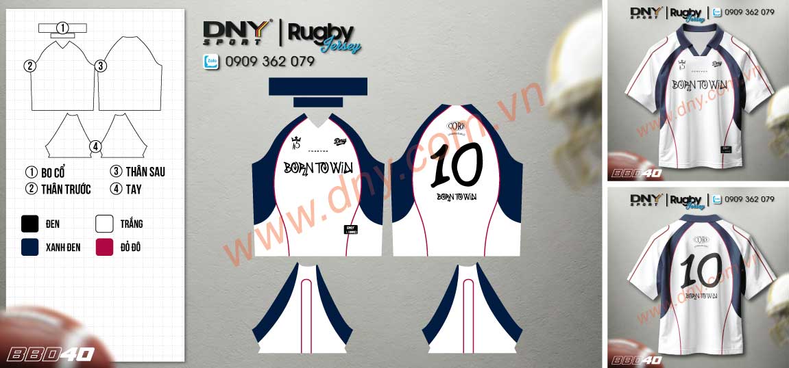 Áo bóng bầu dục trắng xanh đỏ Áo rugby phối màu cá tính