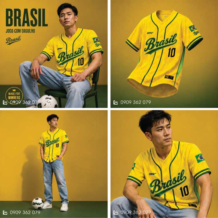 Áo bóng chày màu vàng phối viền xanh lá in chữ Brasil 10