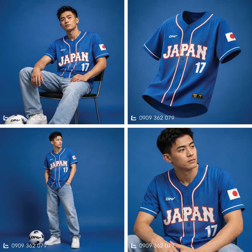 Áo bóng chày DNY chủ đề Japan xanh dương Áo bóng chày màu xanh dương họa tiết sóng chìm in chữ Japan 17