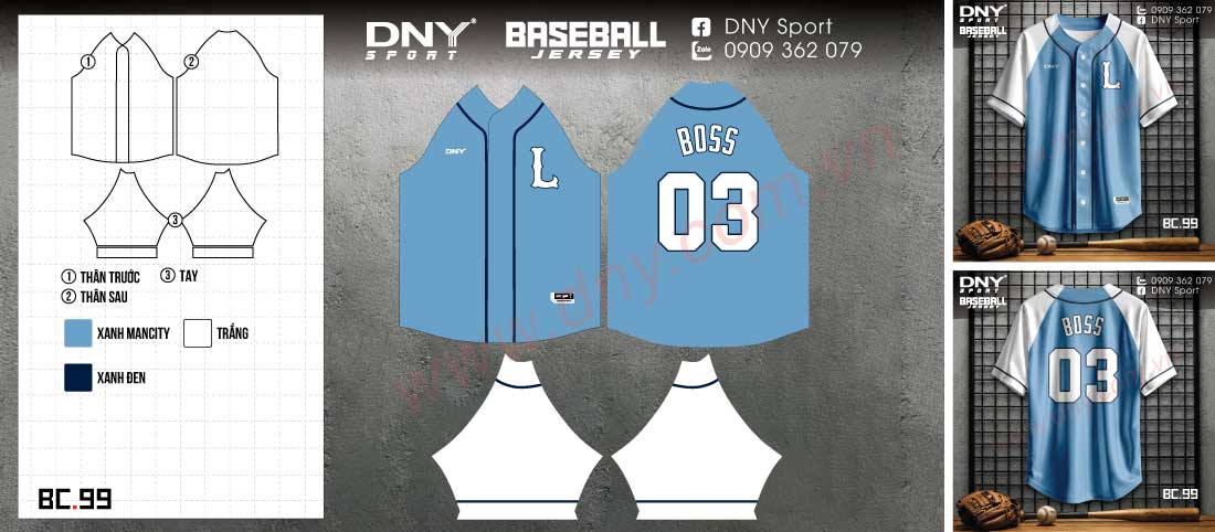 Áo bóng chày L Boss Áo bóng chày xanh denim phối trắng hiện đại