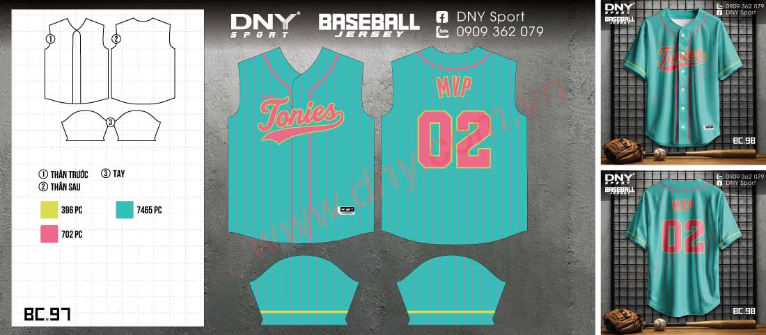 Áo bóng chày xanh ngọc sọc hồng nổi bật