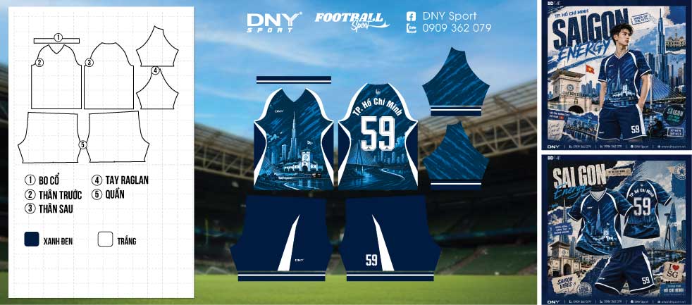 Bộ quần áo bóng đá màu xanh navy họa tiết skyline thành phố Hồ Chí Minh số 59