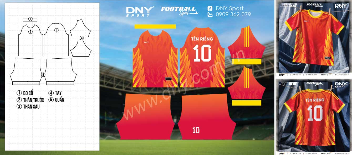 Bản thiết kế áo bóng đá Phoenix Flare màu cam đỏ phối vàng, họa tiết cánh lửa hai bên thân và quần đỏ