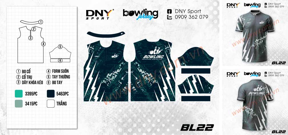 Áo thun bowling nền đen họa tiết tia chớp trắng và đường đồng mức xanh