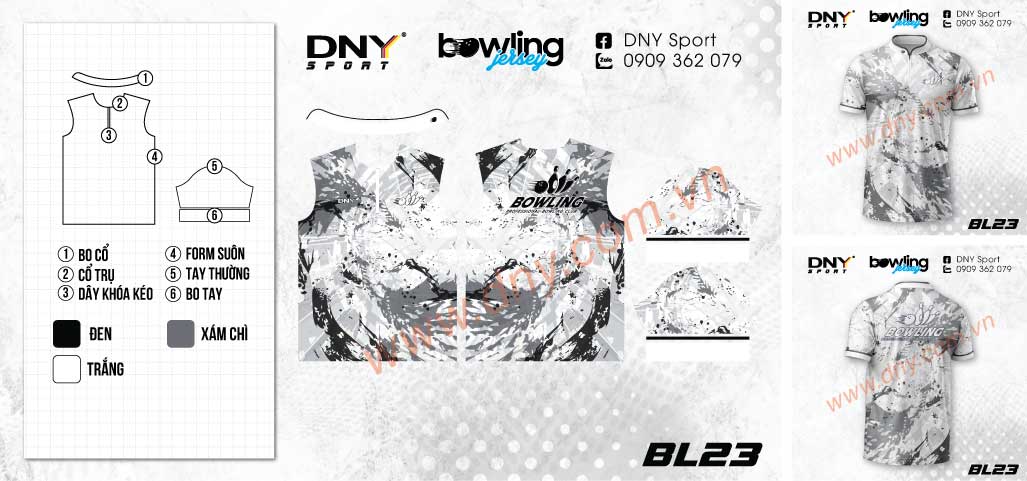 Áo thun chơi bowling nền trắng họa tiết loang lổ vẩy sơn xám đen