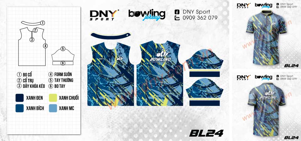 Áo thun bowling màu xanh dương phối các vệt màu vàng neon trừu tượng