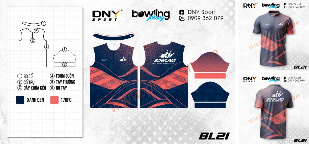 Áo thun cổ trụ khóa kéo chơi bowling màu xanh navy họa tiết đỏ