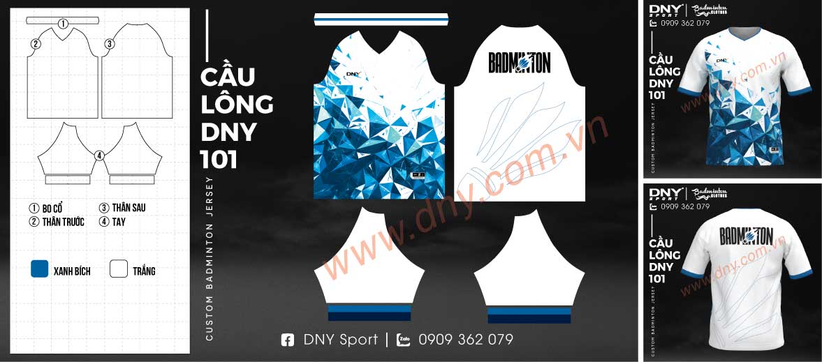 Áo thun cầu lông màu trắng phối họa tiết khối hình học 3D màu xanh dương ở vạt áo