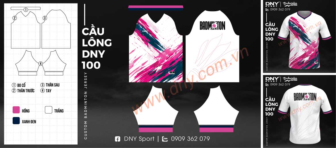 Áo thun cầu lông màu trắng phối họa tiết vệt sơn màu hồng và xanh navy chéo ngực