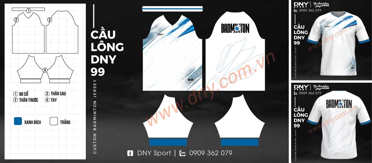 Áo thun cầu lông màu trắng phối họa tiết vệt cọ màu xanh dương ở vai và ngực