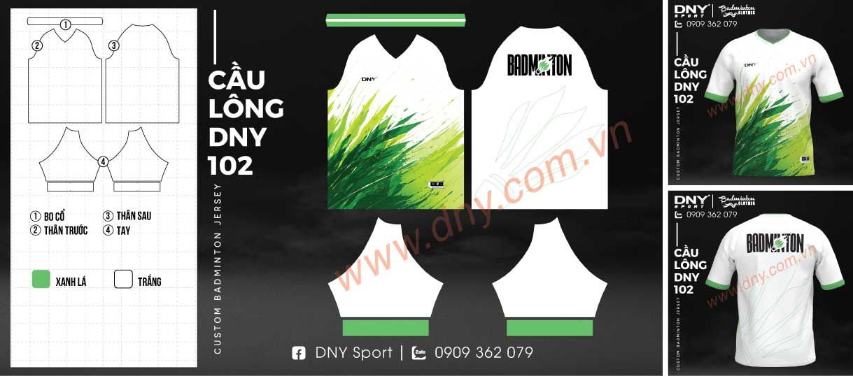Áo thun cầu lông màu trắng phối họa tiết vệt sơn màu xanh lá cây vút lên từ vạt áo