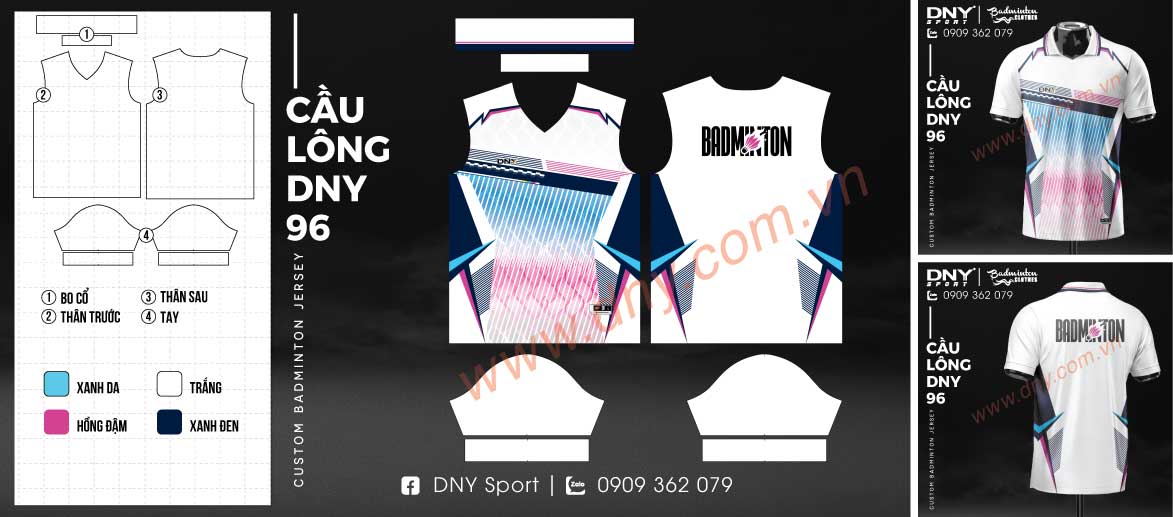 Mẫu áo cầu lông DNY phối màu xanh hồng cá tính, form dáng chuẩn thể thao.