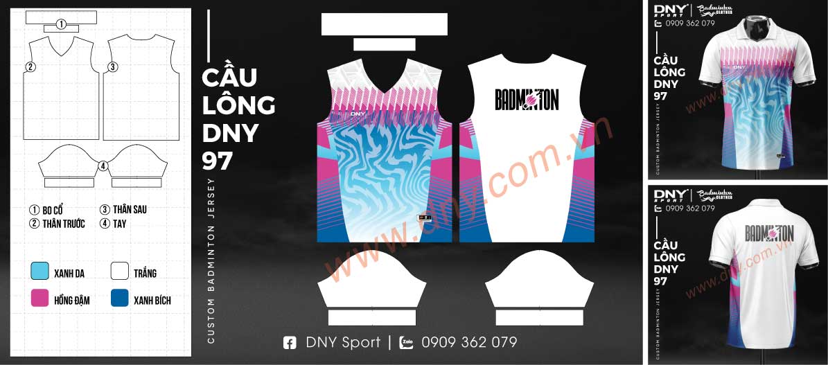Áo đánh cầu lông màu trắng phối họa tiết lượn sóng xanh dương và hồng