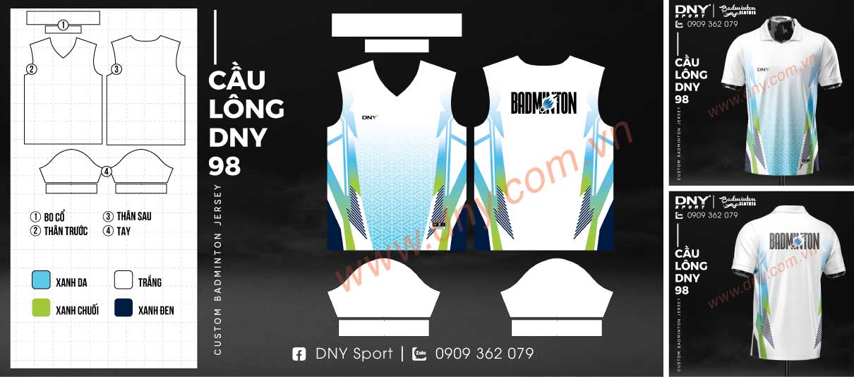 Áo polo cầu lông màu trắng hiệu ứng chuyển màu xanh dương và xanh lá