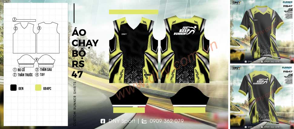 Áo chạy bộ màu đen họa tiết đường nét xanh neon mạnh mẽ