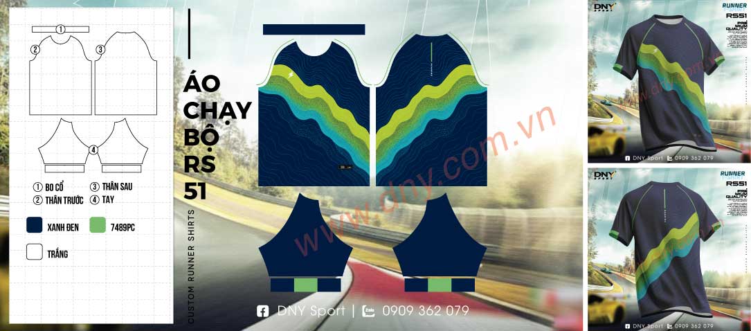 Áo chạy bộ DNY xanh navy họa tiết địa hình trail Áo chạy bộ màu xanh navy in chìm vân địa hình và dải sóng gradient chéo ngực