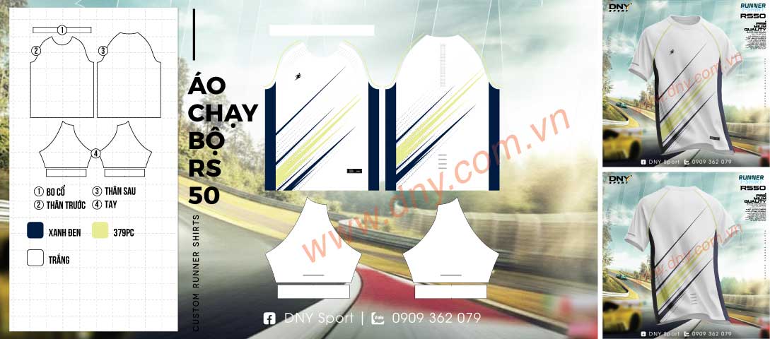 Áo chạy bộ màu trắng phối dải sọc chéo tốc độ màu đen và xanh neon