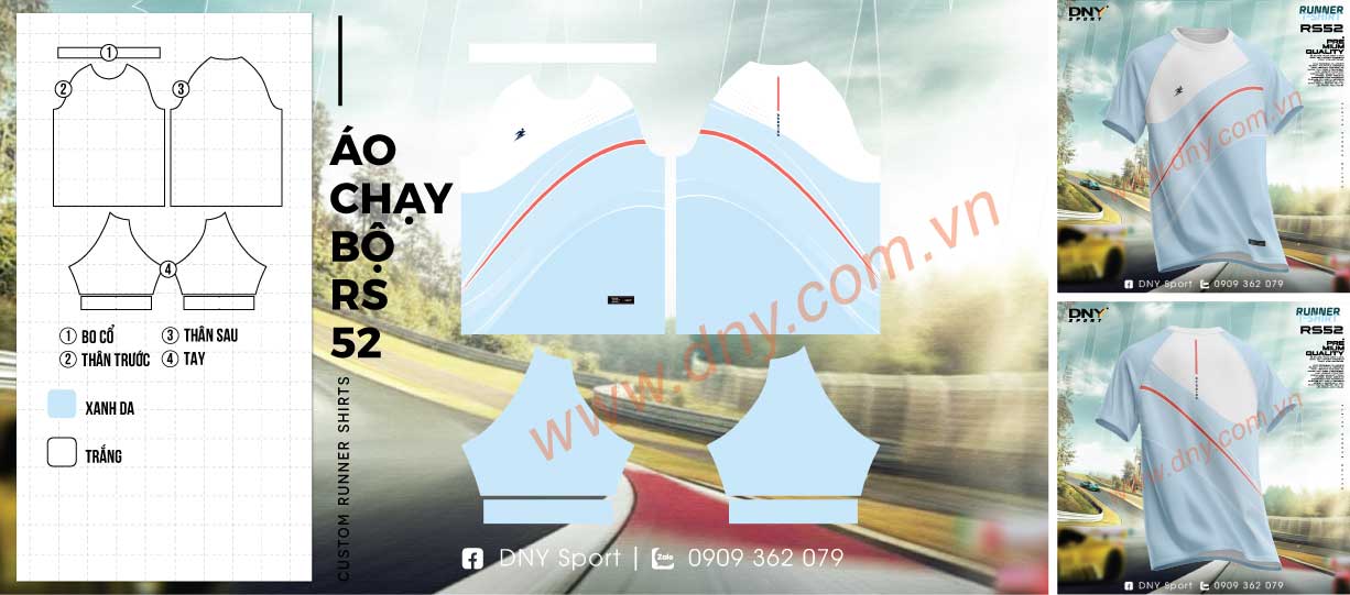 Áo chạy bộ màu xanh dương nhạt phối mảng màu trắng ở ngực và sọc đỏ