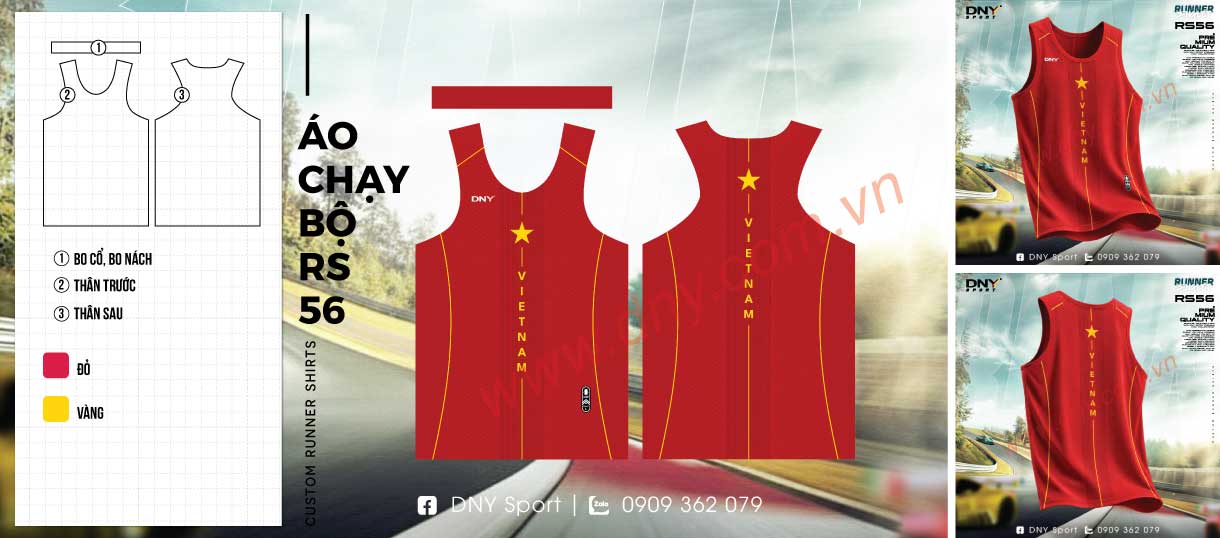Áo ba lỗ chạy bộ nền đỏ với các đường sọc kẻ dọc màu vàng in chữ Vietnam ở giữa