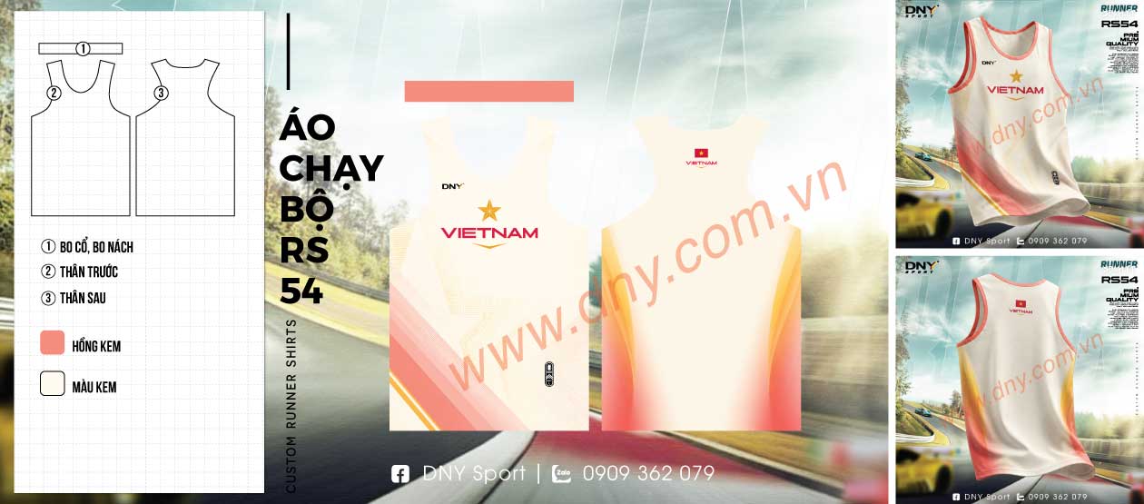 Áo chạy bộ singlet DNY Việt Nam trắng kem dải màu gradient Áo chạy bộ ba lỗ màu trắng kem phối dải màu hoàng hôn gradient dọc hai bên hông