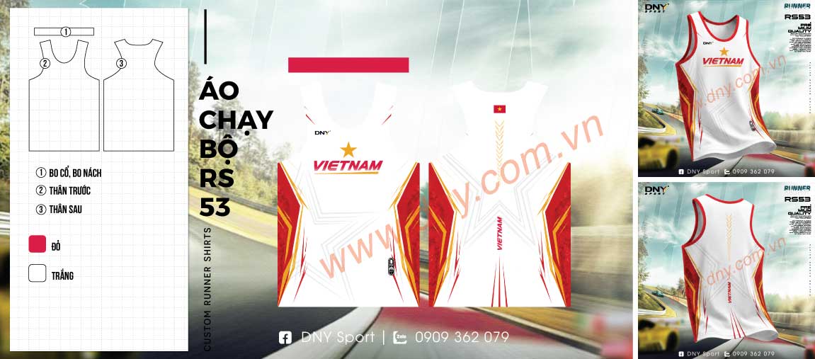 Áo chạy bộ singlet DNY Việt Nam màu trắng họa tiết tốc độ Áo ba lỗ chạy bộ màu trắng viền đỏ họa tiết tốc độ hai bên sườn in chữ Vietnam