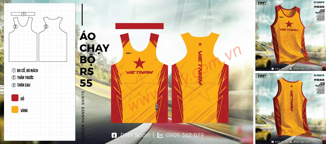 Áo singlet chạy bộ màu vàng viền đỏ in ngôi sao và chữ Vietnam