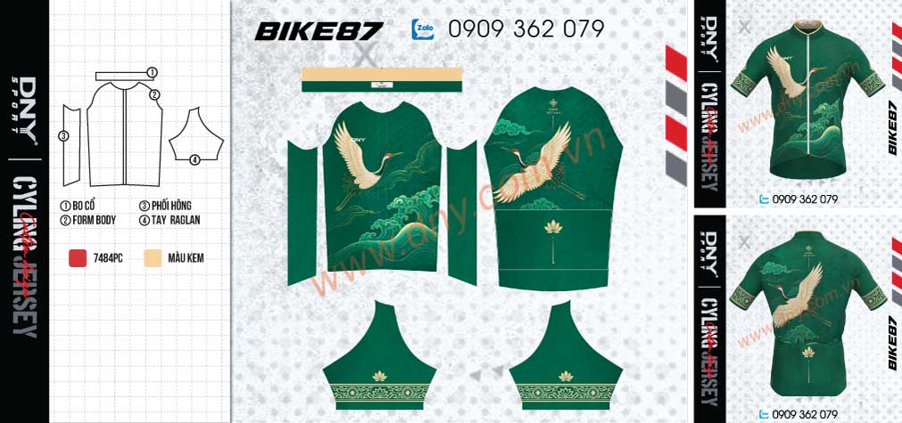 Áo đạp xe DNY xanh lục họa tiết chim hạc Áo đạp xe màu xanh lục in họa tiết chim hạc trắng bay trên sóng nước