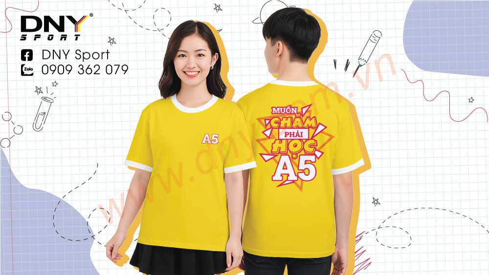 Áo đồng phục lớp thun form rộng, màu trung tính hoặc pastel, in slogan nổi bật trước/ngực