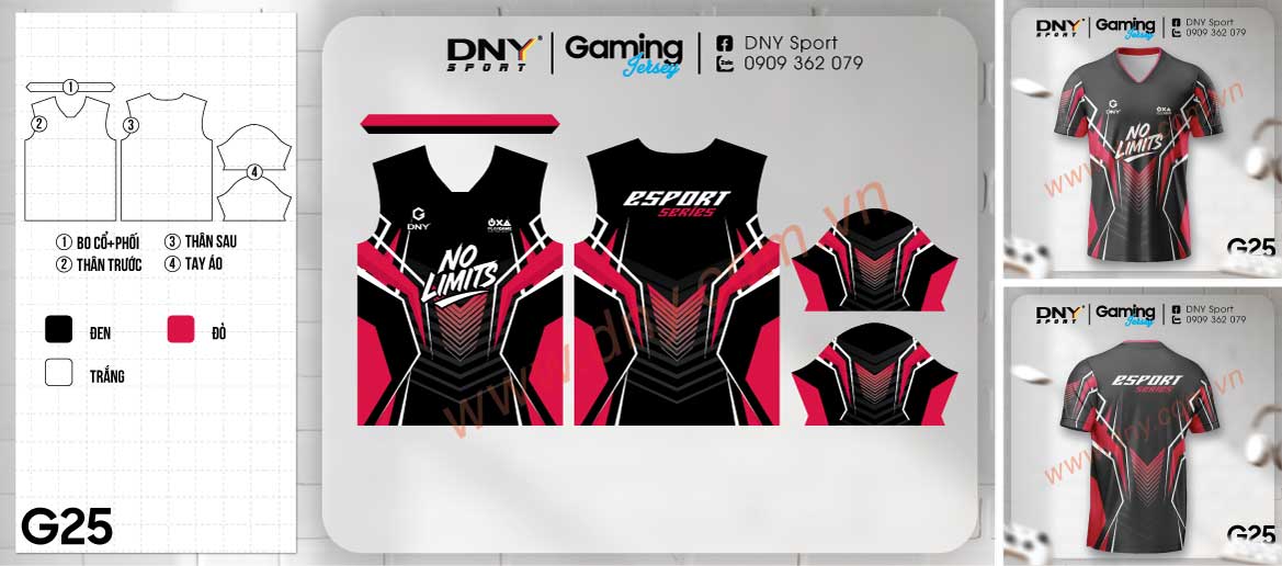 Áo đấu Esport màu đen phối các dải họa tiết hình học màu đỏ và trắng