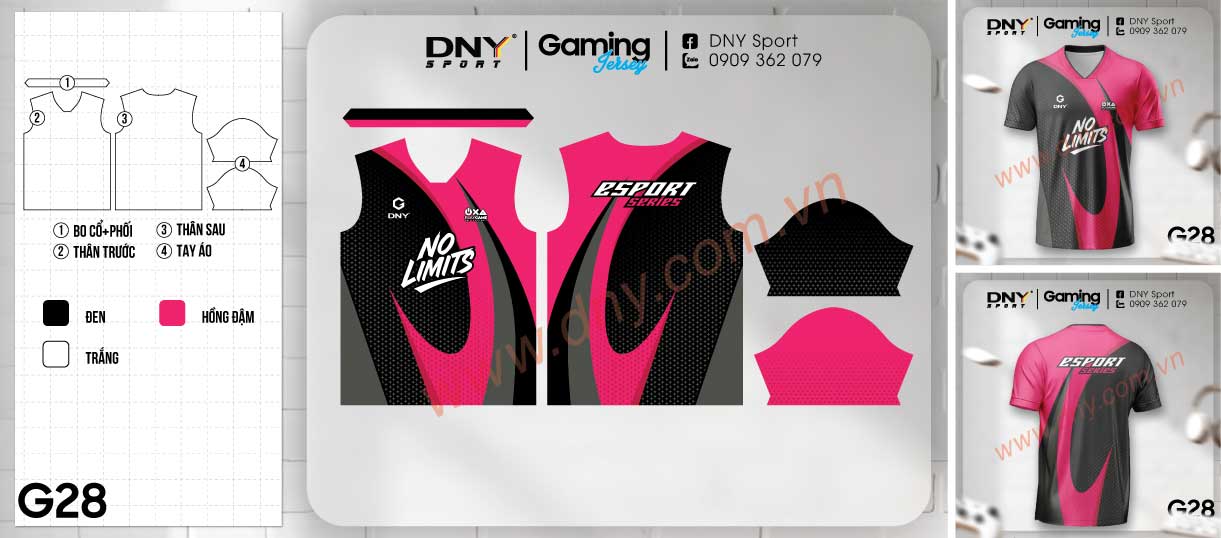 Áo game thủ Esport nền đen xám phối dải màu hồng magenta bất đối xứng