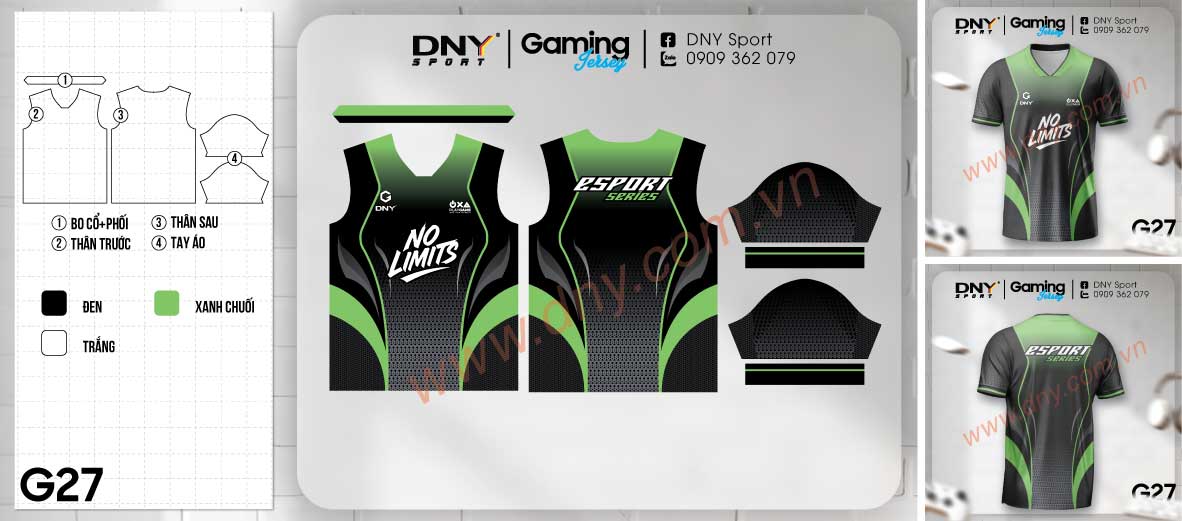 Áo đấu Esport màu đen phối các đường lượn sóng màu xanh neon chanh