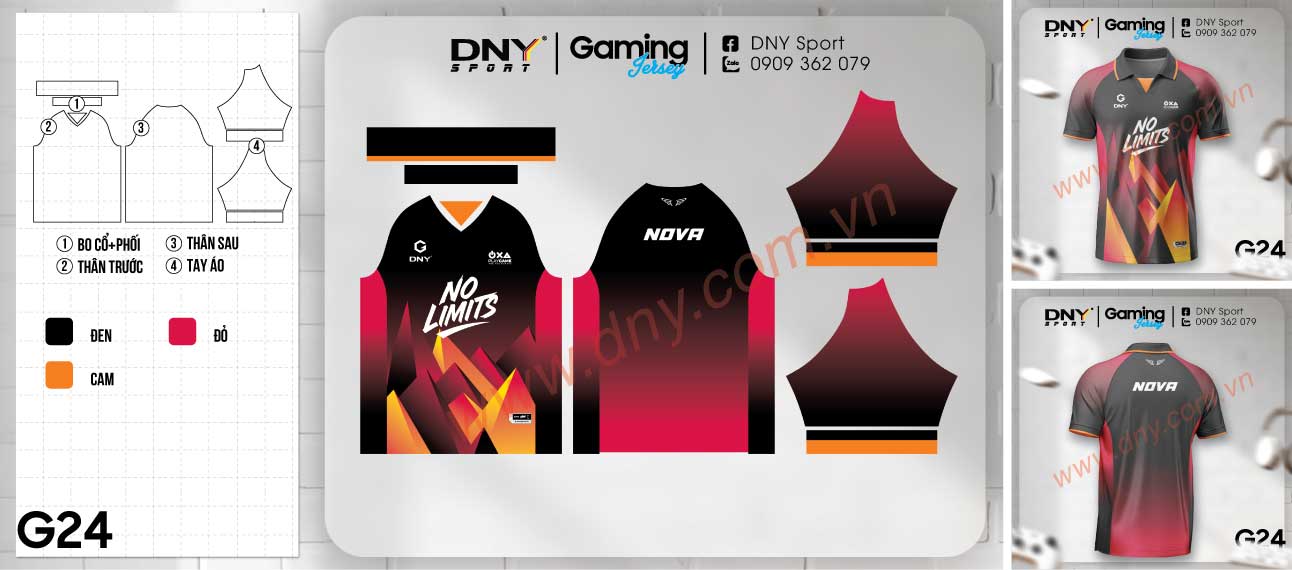 Áo thi đấu esport màu đen phối khối đa giác đỏ cam rực rỡ