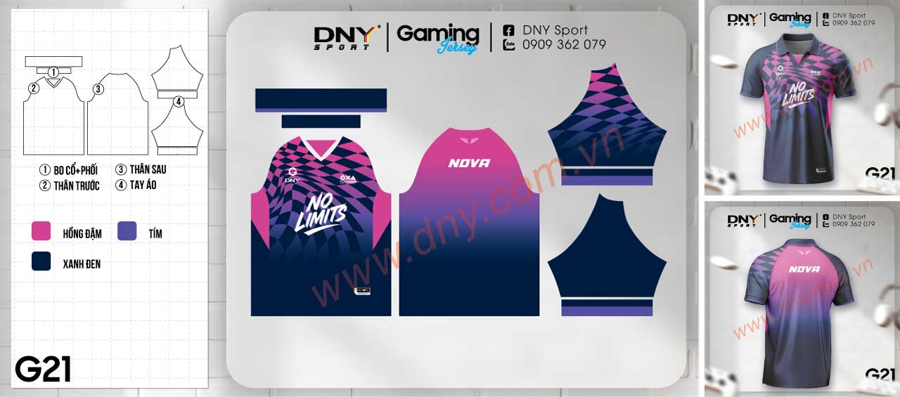 Áo thi đấu Esport màu xanh navy phối họa tiết caro hồng xanh