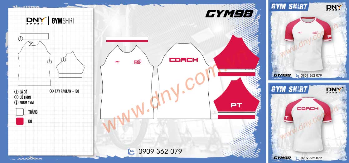Áo gym nam ôm body thân trắng tay đỏ in chữ Coach
