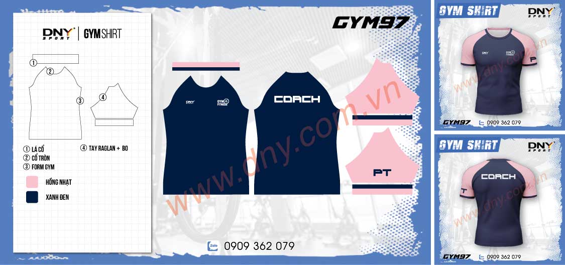 Áo tập gym nam xanh navy tay raglan hồng in chữ Coach