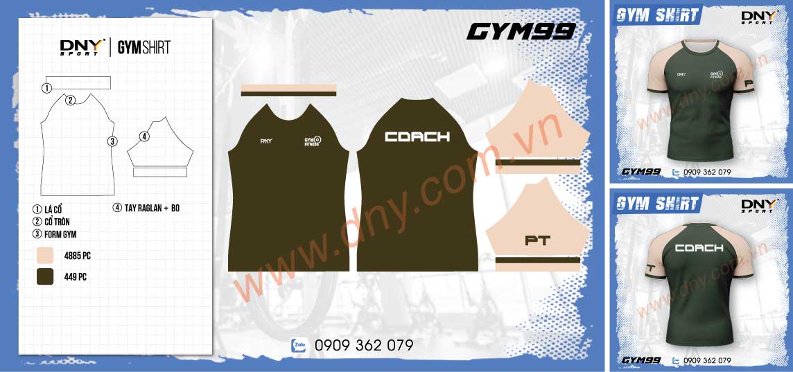 Áo tập gym ôm body xanh rêu tay raglan màu be in chữ Coach